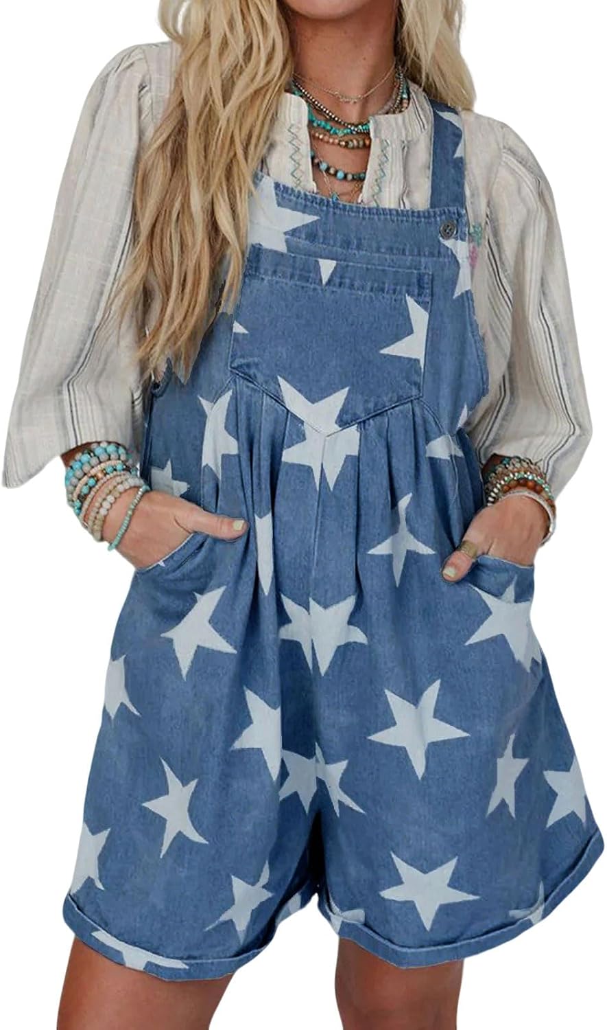 loveimgs Women Cute Ruffle Jean Romper Flared Denim Short Overall Dress Stars Print Sleeveless Straps Shortalls Y2k Summer