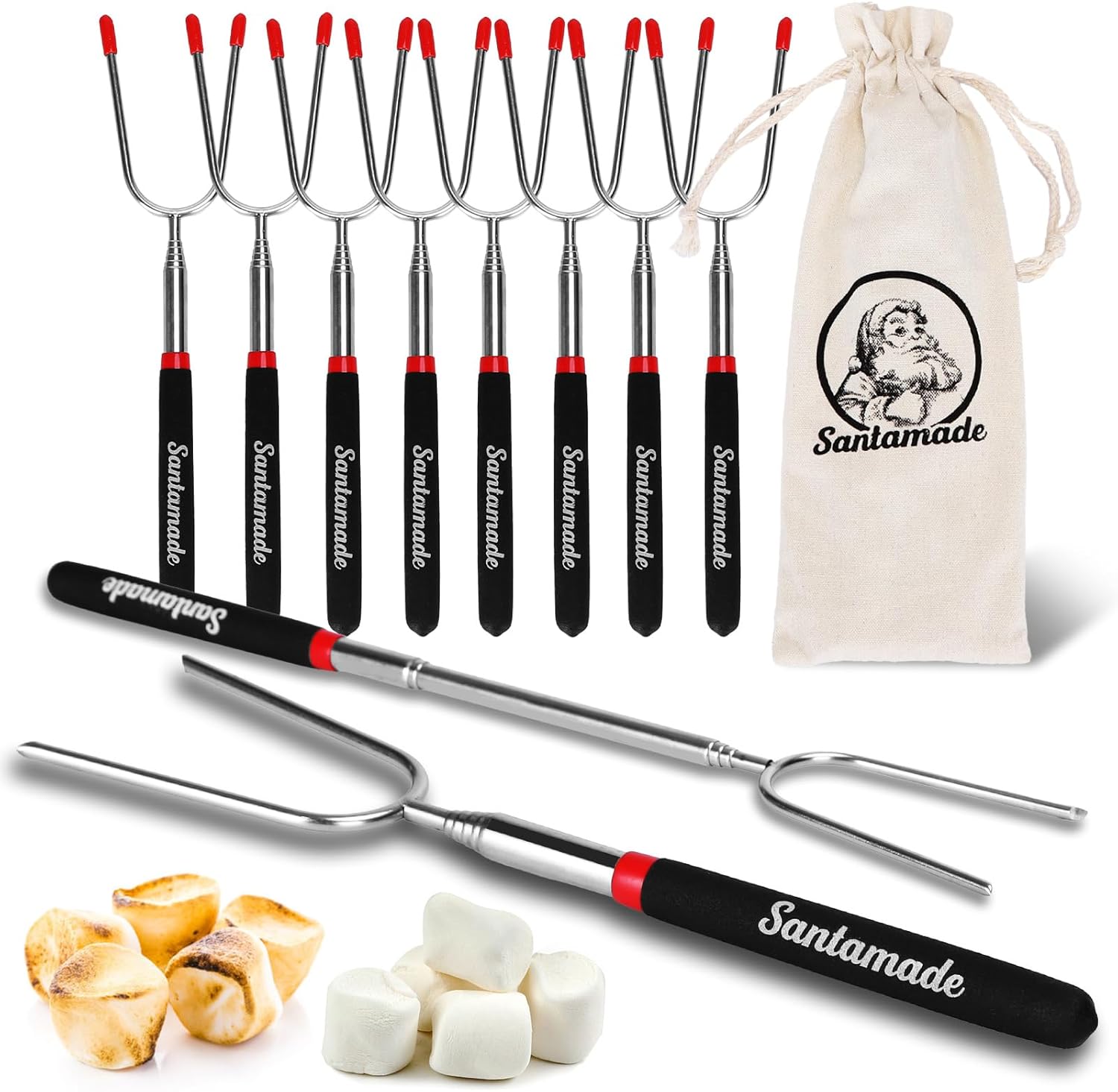 Marshmallow Roasting Sticks Set of 10 -Telescoping Wide Angle Smores Sticks for Fire Pit, Hot Dog Sticks for Campfire Grill Bonfire Party Supplies -With Santa Storage Sack