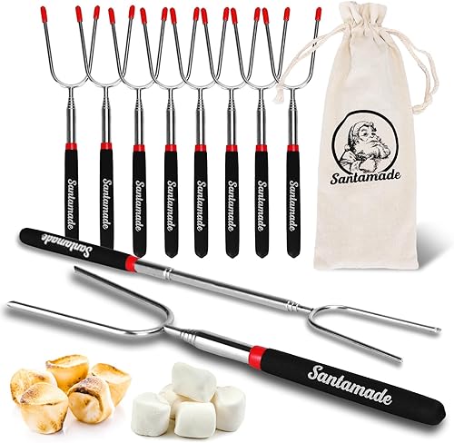 Juego de 10 palitos para asar malvaviscos Varillas telescópicas de gran angular para hogueras, palos para perros calientes para fogatas, parrillas