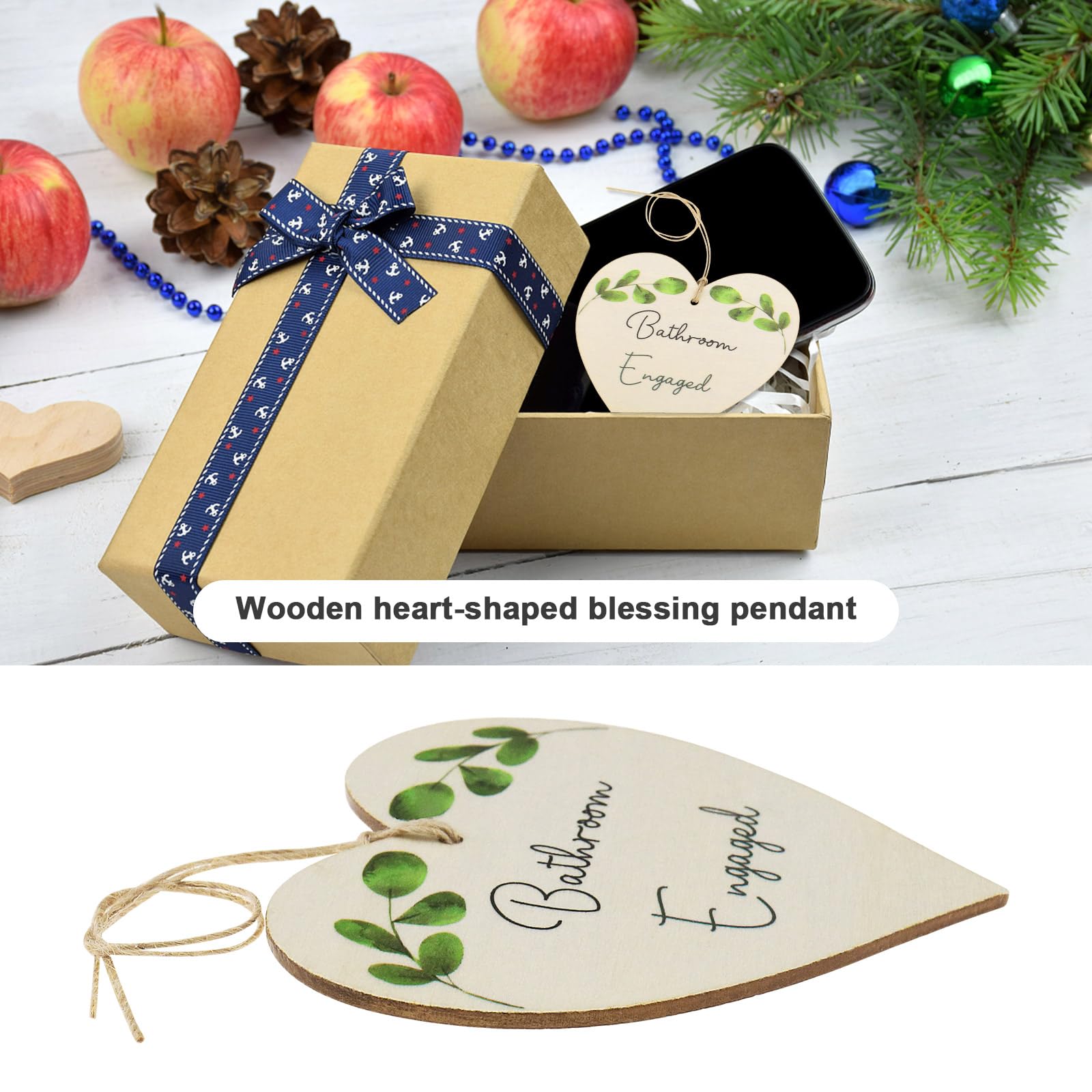 SG Store 2pcs Hanging Signs for Bathroom Double Sided Wooden Heart Shaped Sign Leaf Accents Bathroom Door Handles Includes Hanging Ropes - Image 4