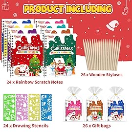 FEREDO KIDS Party Favors for Kids: 24 Pack Christmas Rainbow Scratch Art Notebook Classroom School Supplies Bulk for Girls Boys Goodie Bags Stuffers, Return Gifts for Birthday Party Gift Kid Crafts