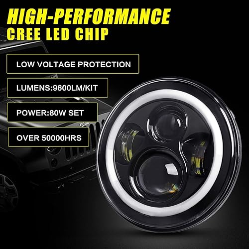 Miniatura 4 de YEEGO DIRECT Faros LED de 7 pulgadas con luz de señal de giro ámbar y halo verde, faros LED de haz altobajo, compatibles con Wrangler JK, LJ, CJ y