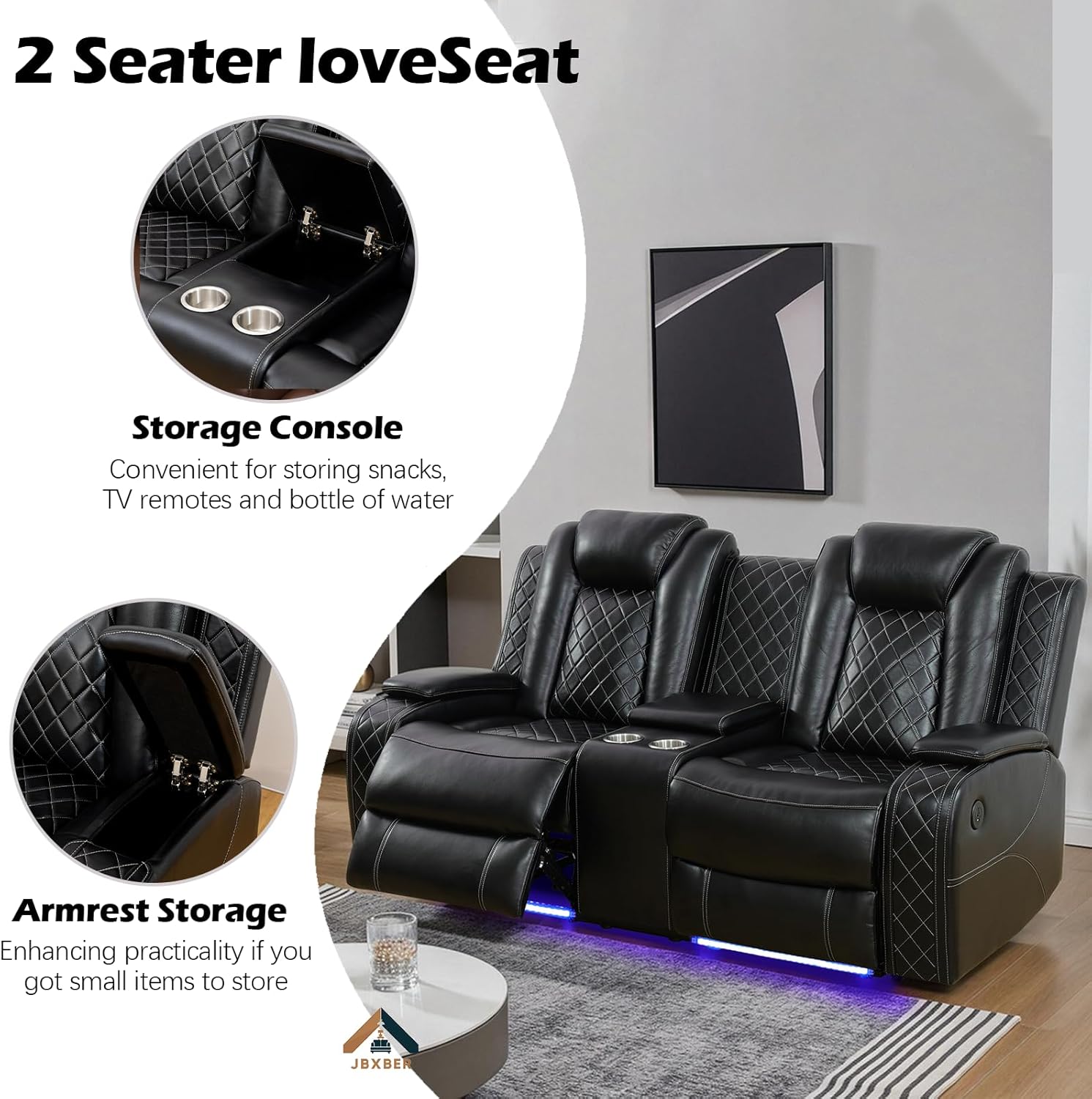 Power Recliner Sofa Set for Living Room, Leather Reclining Sofa Sets with Storage Console, Living Room Furniture Sets with LED Lights(Sofa, loveseat and Chair,Black)