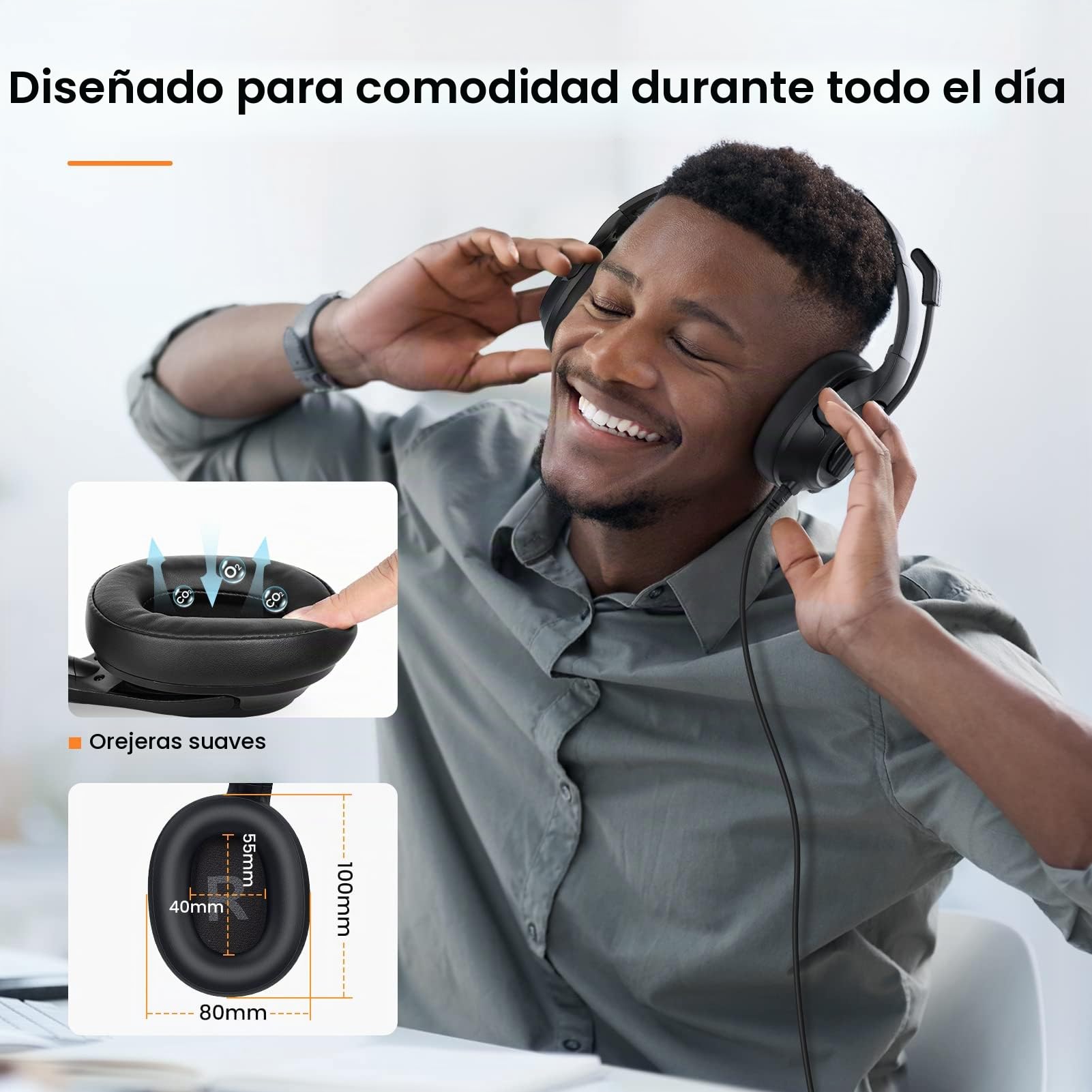 EKSA Auriculares USB con Micrófono, Cascos con Microfono Cancelación de Ruido, Control de Audio, Auriculares con Cable y Microfono para PC Portátil/Call Center/Oficina/Zoom/Teletrabajo/Teleoperador