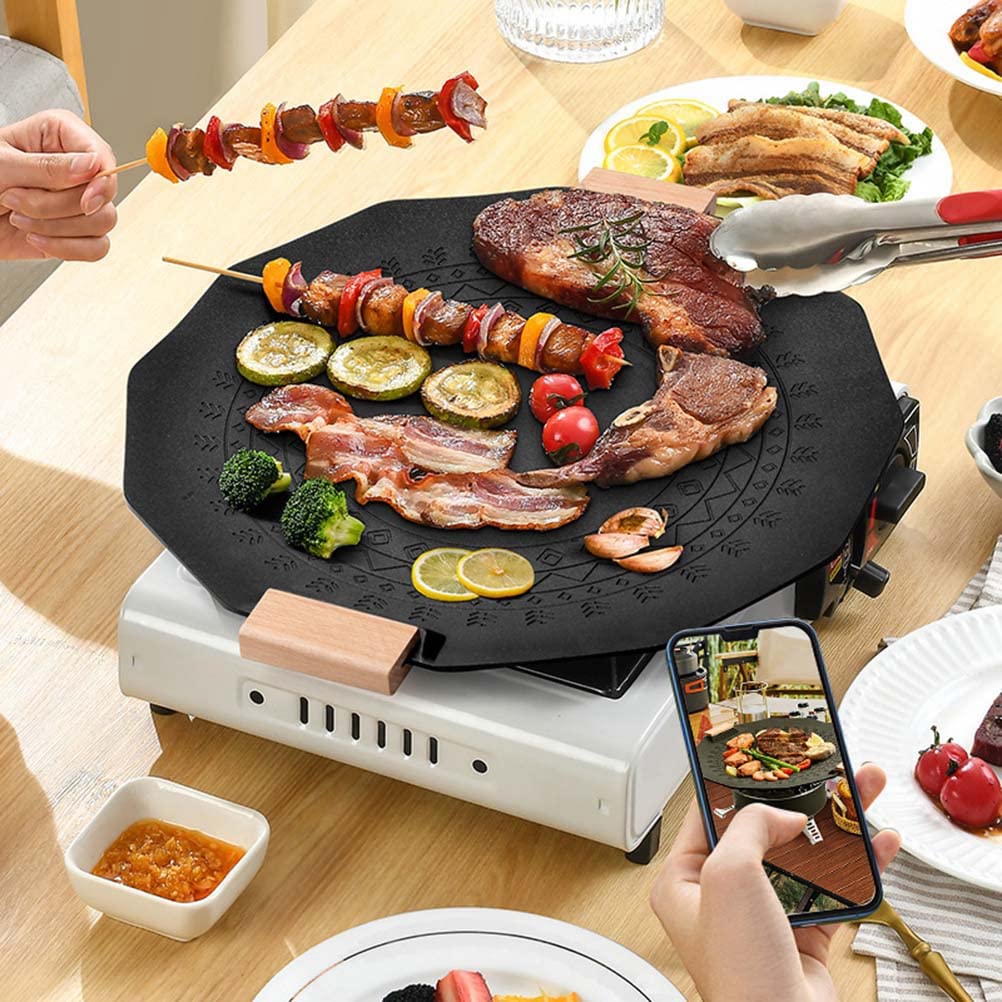 Placa de barbacoa de gas para camping al aire libre, portátil, piedra hexagonal, antiadherente, sin humo, de inducción