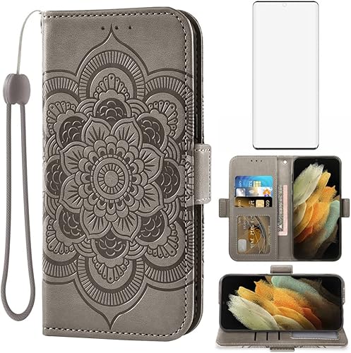 Asuwish Compatible con Samsung Galaxy S22 Ultra 5G Funda tipo cartera y protector de pantalla de vidrio templado con tapa para tarjetas de crédito