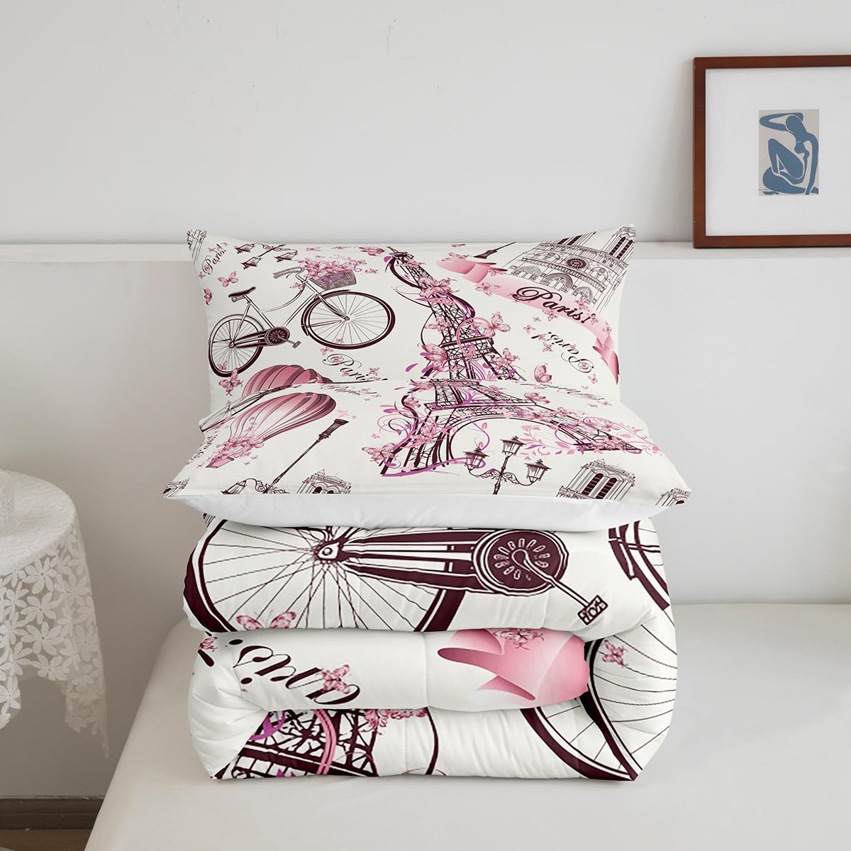 Eiffelturm-Pärchen-Steppdecke, Doppelbett, rosa Blumenmuster, Daunendecke, romantisches Thema, Dekoration, Mädchen, Erwachsene, Frauen, Paare, gesteppte Steppdecke, Paris, einfach, weiche Bettwäsche