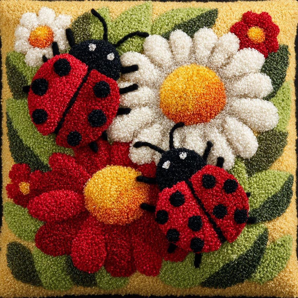 Henypt Latch Hook Kits-D Latch Hook Cushion Kits, Flowers And Ladybugs