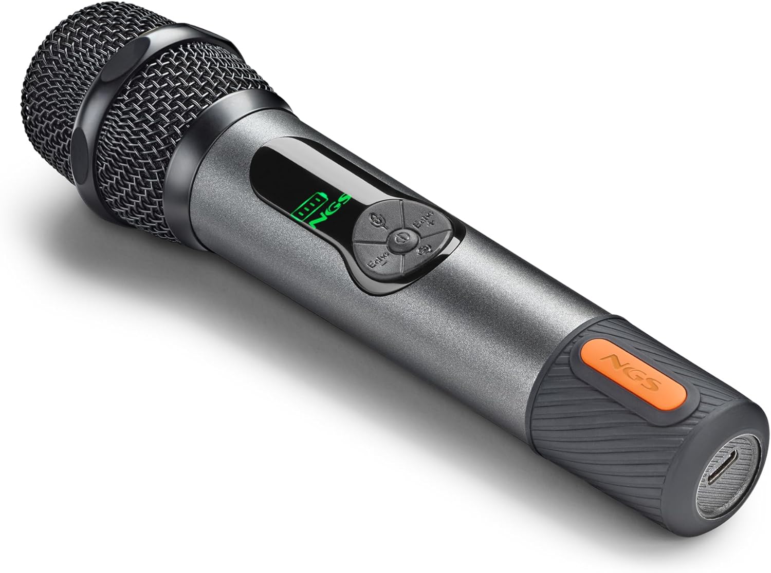 Знізу view of NGS Singer Star microphone showing USB-C charging port.
