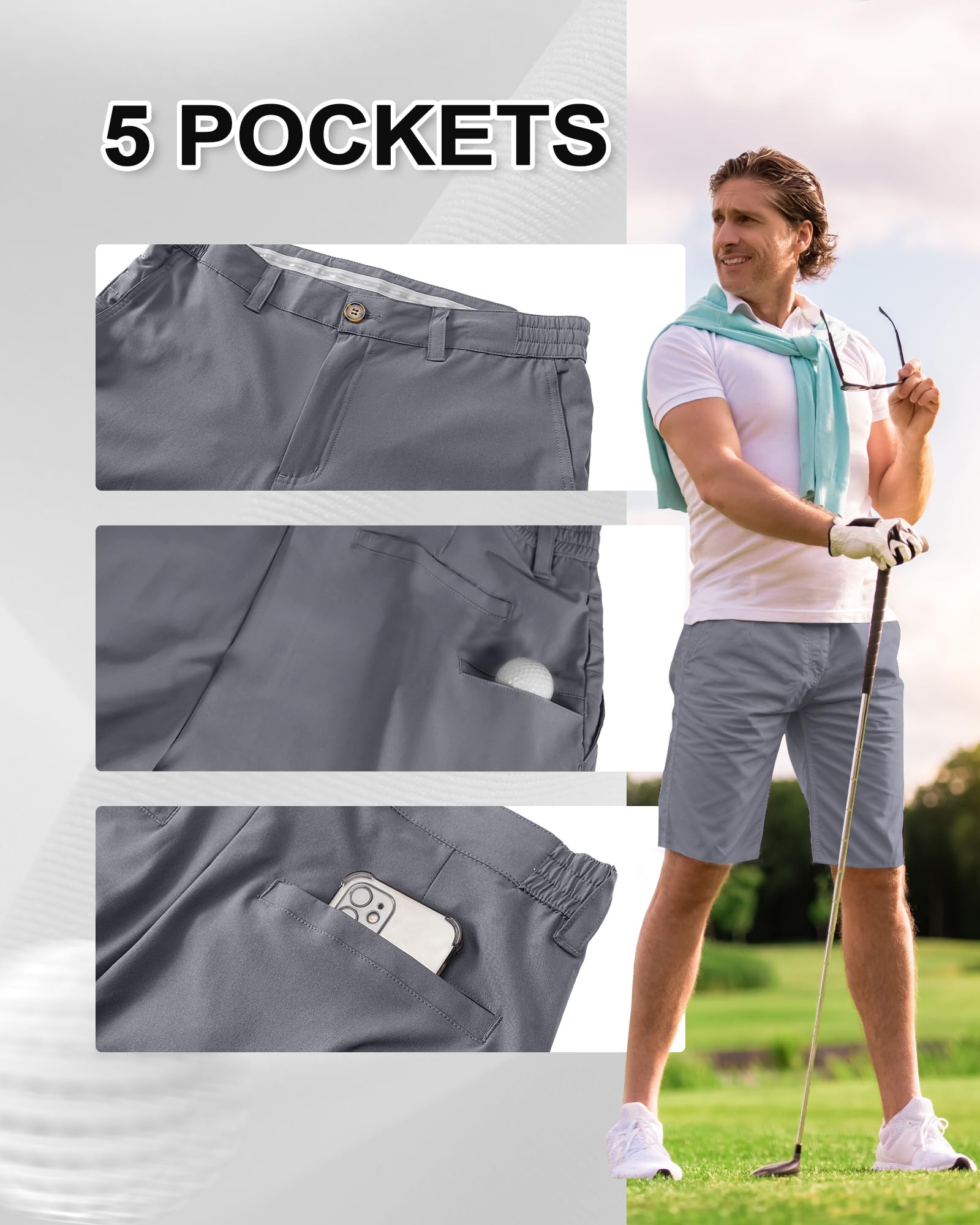 Outdoor Ventures Pantalones cortos de golf para hombre UPF 50+ elásticos, ligeros, de secado rápido, pantalones cortos de golf de 9 pulgadas con 3 soportes para té y bolsillos para golf