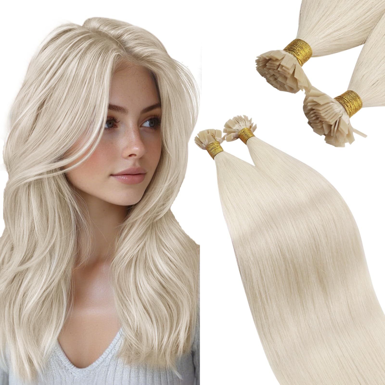 Ugeat Extension Capelli Cheratina Platino Biondo Lisci 40 cm 50 ciocche, Extension Capelli Veri Cheratina Piatta Biondo Platino, Reali Invisibile Naturale