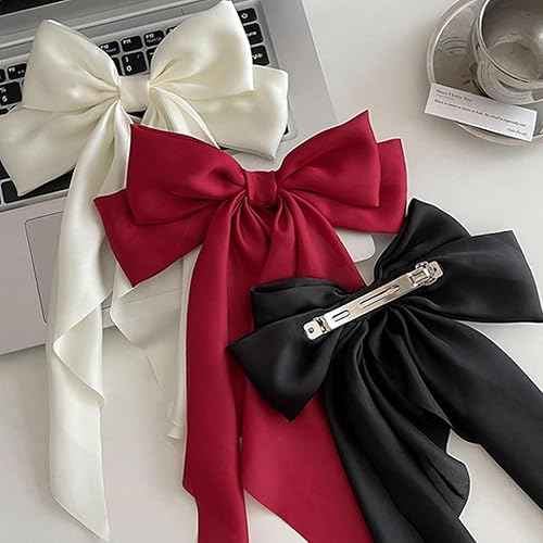 Miniatura 4 de Lazos para el cabello para mujer, 3 unidades, color blanco, negro y rojo, lazos de satén con cinta larga y sedosa, lazos grandes, accesorios para el