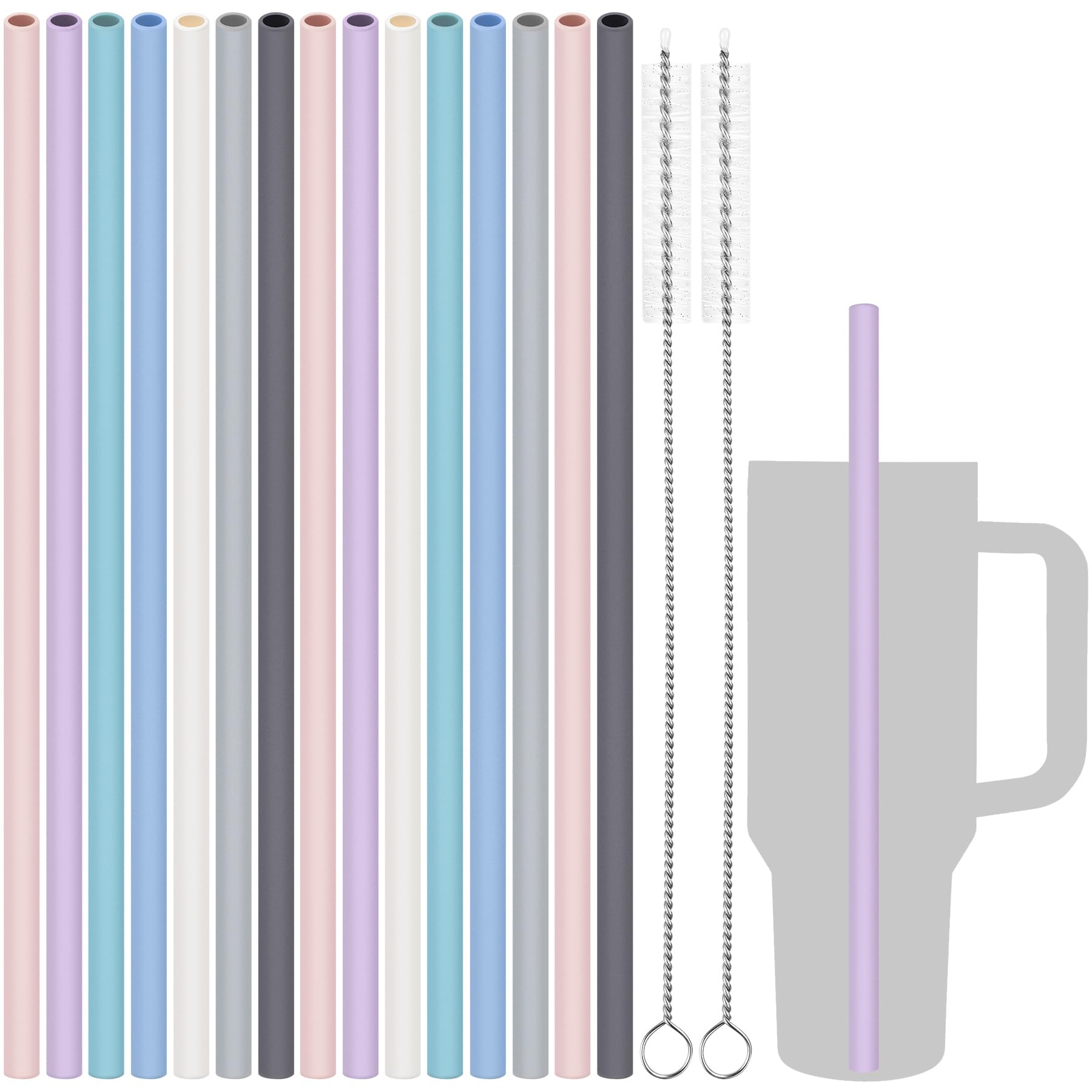 Tomorotec 15PCS Reusable Silicone Drinking Straws w/ 2 Brushes, Fit for Stanley Tumbler 40oz 30oz 20oz, 12" Long Customizable for Various Drinkware, Dishwasher Safe, BPA-Free, Safe for Teeth (Macaron)