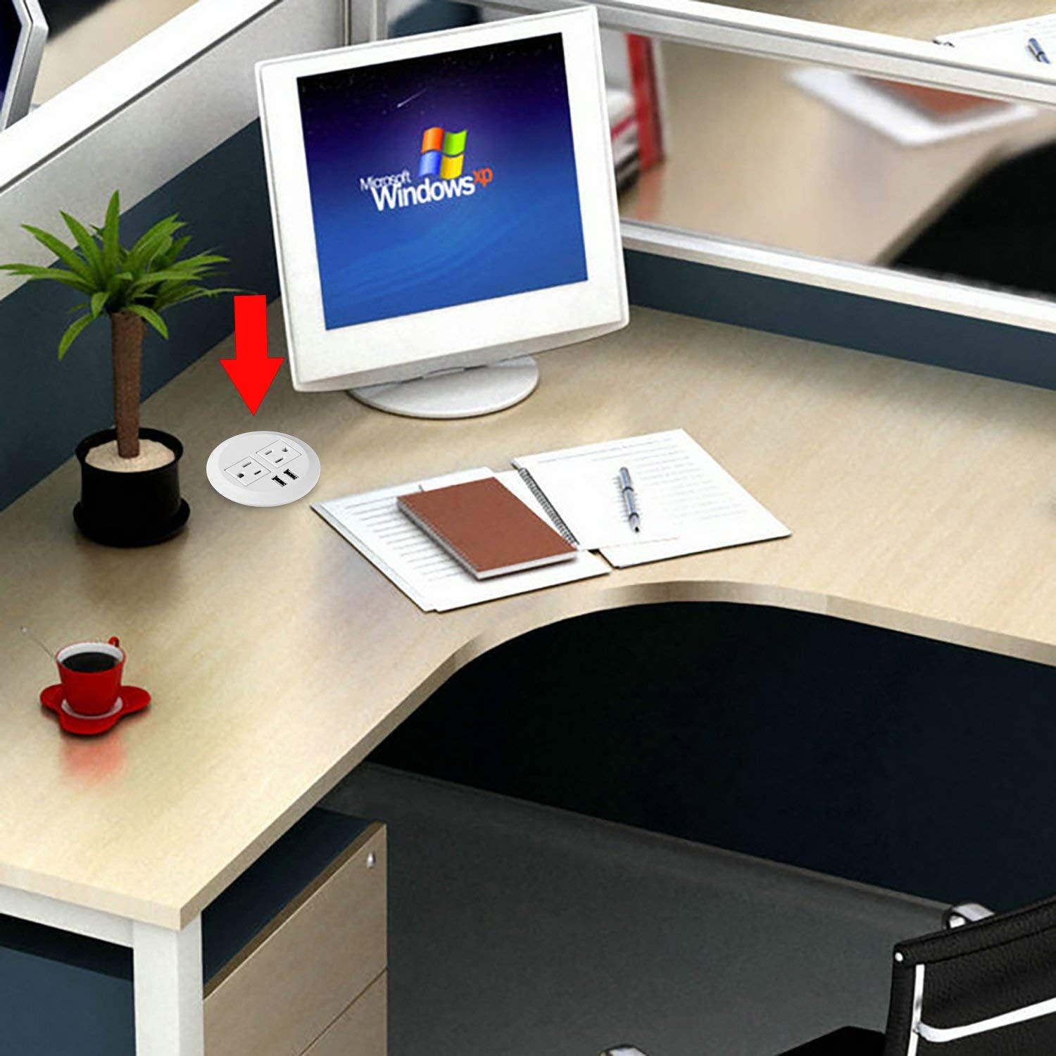 Desktop Power Grommet Power Outlet Socket Desk Data Center 2 Outlet with 2 USB Ports with 10 FT Extension Cord(White)