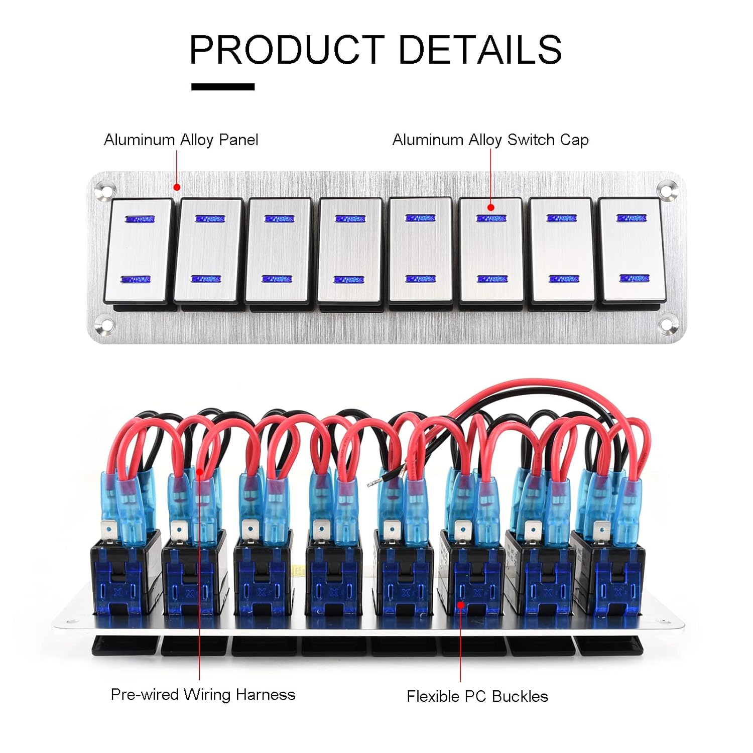 8 Gang Aluminum Rocker Switch Panel - 12V/24V Switch Panel 3 Pin ON/Off Pre-Wired Waterproof Toggle Switch Panel for Marine Boat Automotive Car RV