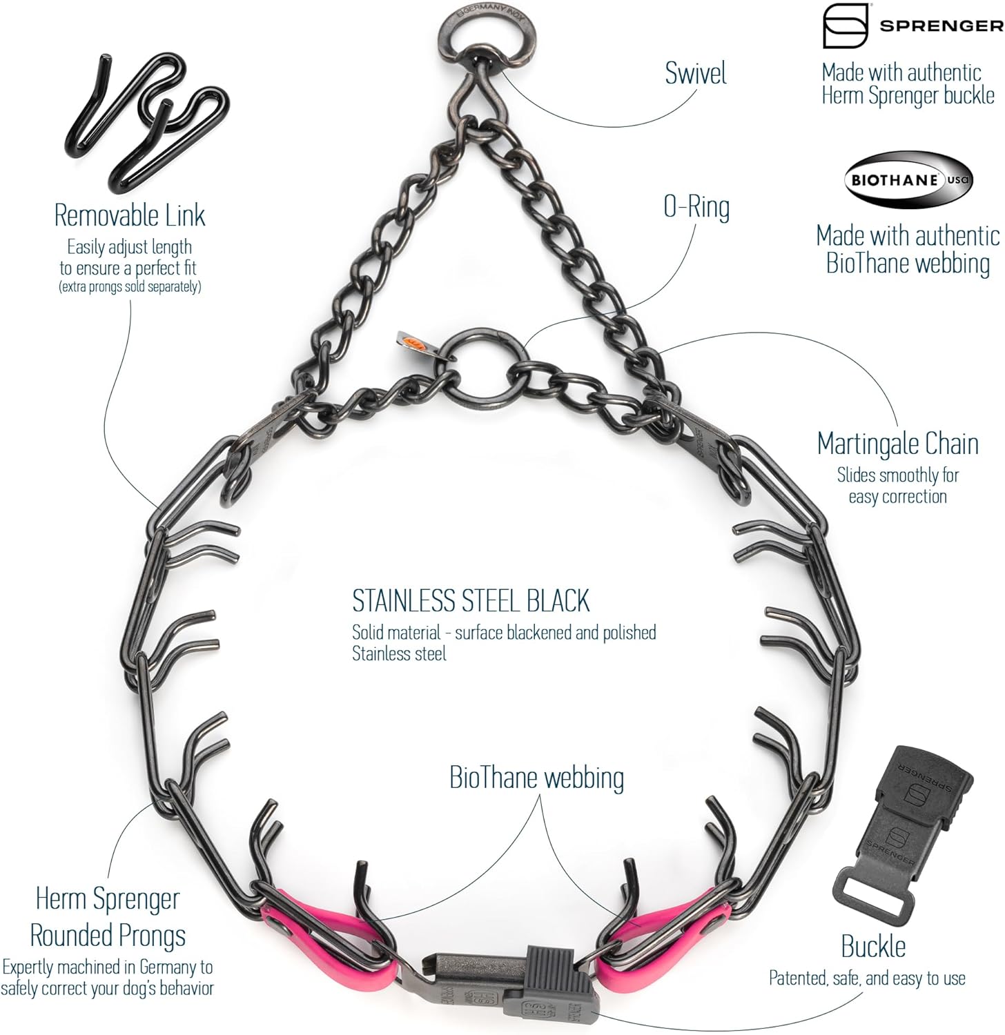 Herm Sprenger Black Stainless Steel Dog Collar with Quick Release ClicLock Buckle and Biothane Insert Training Collar Made in Germany (Passionfruit Pink, 23in x 3.2mm(Neck Size up to19-20in))