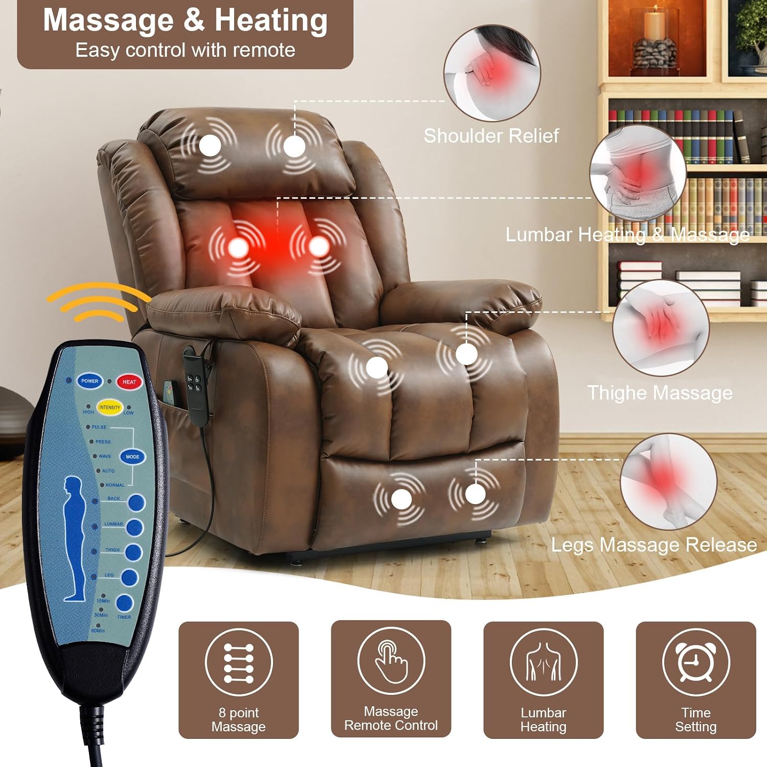 Dual Motor Power Lift Recliner Chair for Elderly, Infinite Position Lay Flat Lift Chair with Massage and Heat, USB Ports, Leather (Ochre) thumbnail