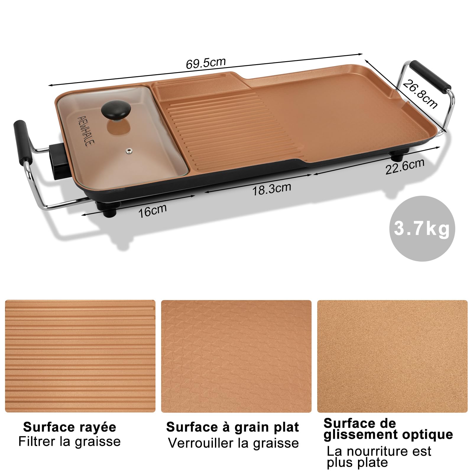 AEWHALE Plancha Électrique 3 en 1, 2000 W, Barbecue Electrique Doré | Convient à une Utilisation en Intérieur et en Extérieur, pour 6 Personnes, Facile à Nettoyer
