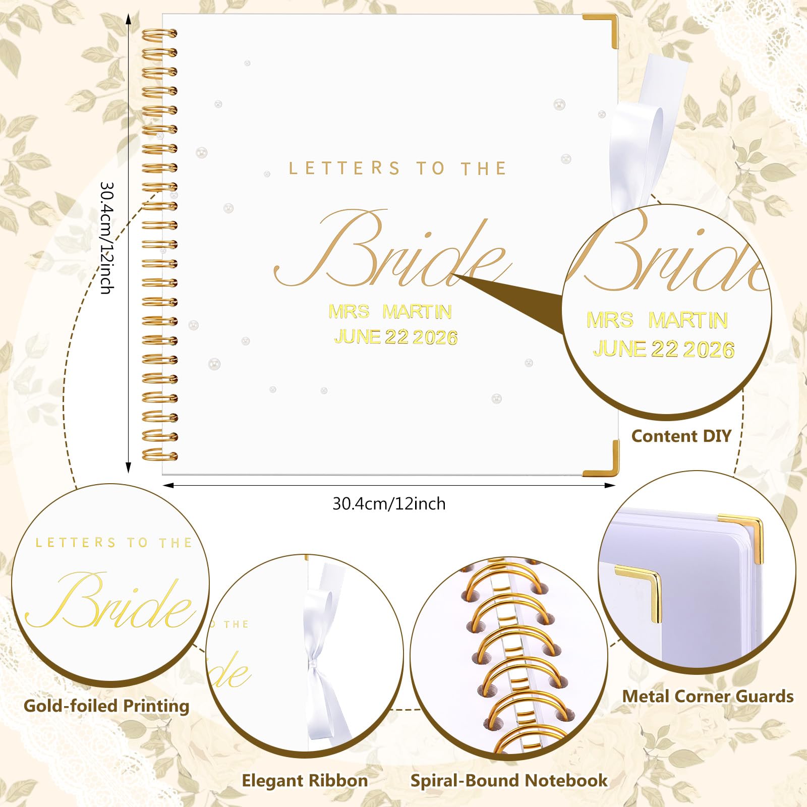Humyoun Libro de invitados de boda con letras a la novia, álbum de recuerdos de boda, álbum de recortes, álbum de fotos, letrero de invitados con calcomanías de perlas (12 x 12 pulgadas, clásico