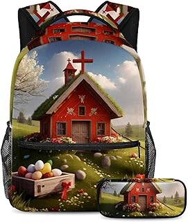 Mantente organizado con estilo, mochila con estuche para lápices, juego de mochila escolar perfecta para niños, niñas y adolescentes, casa de cruz roja de Pascua, multicolor, B：29.4x20x40cm\