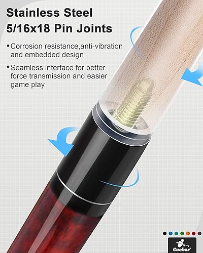 Miniatura 6 de Taco de billar para adultos, 58 pulgadas, 2 piezas, con envoltura de piel sintética 3D, punta de 0.512 in y eje de arce, elige entre 7 colores y 4