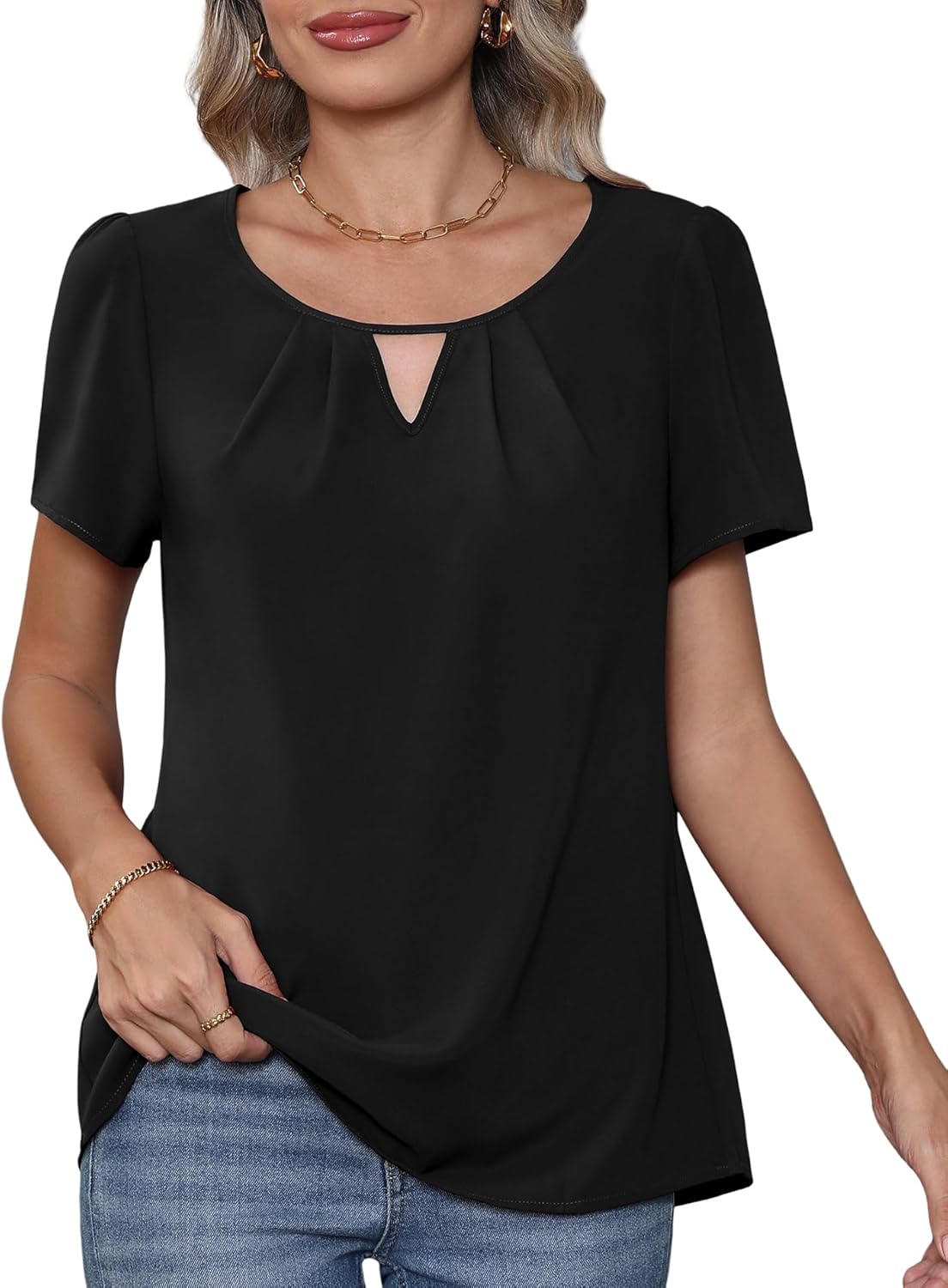 CZYINXIAN Women's Summer Casual Short Sleeve Blouse Elegant Round Neck Business Chiffon Top Shirt(Black, Medium)