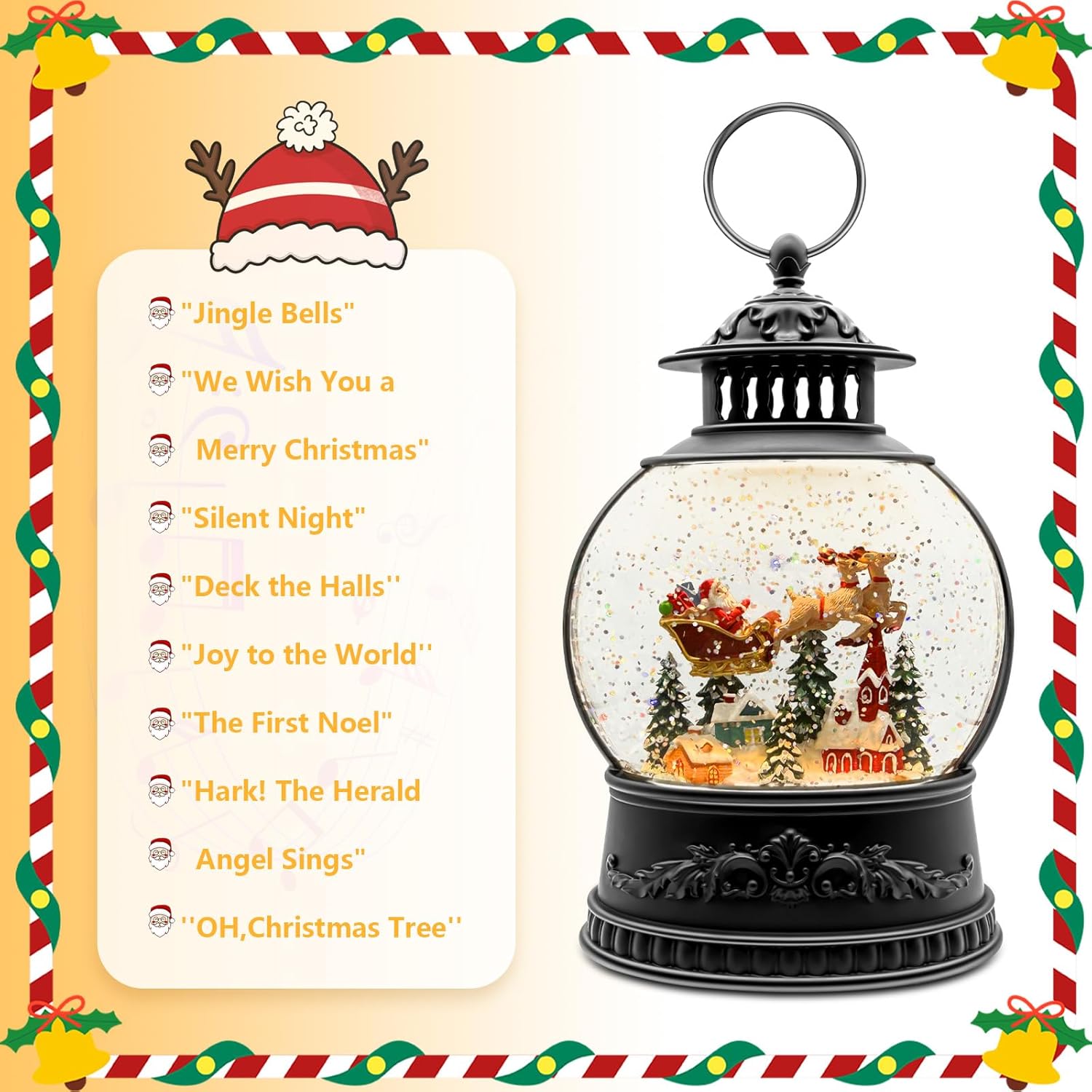 Christmas Snow Globe Lantern, Oval Musical Glitter Water Dome with Santa Sleigh & Reindeer, Lighted Snowfall, 6H Timer, USB or Battery Powered Holiday Décor - Image 6