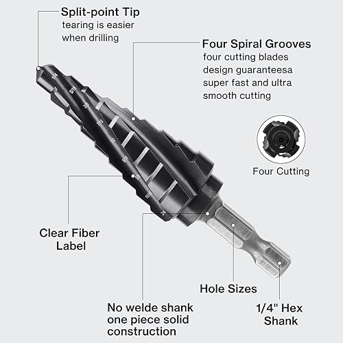 Miniatura 3 de Lytool Juego de 3 brocas de cobalto M35 de 18"-78", vástago hexagonal de 14 pulgadas, cuatro flautas en espiral Unibit para metal, acero inoxidable,