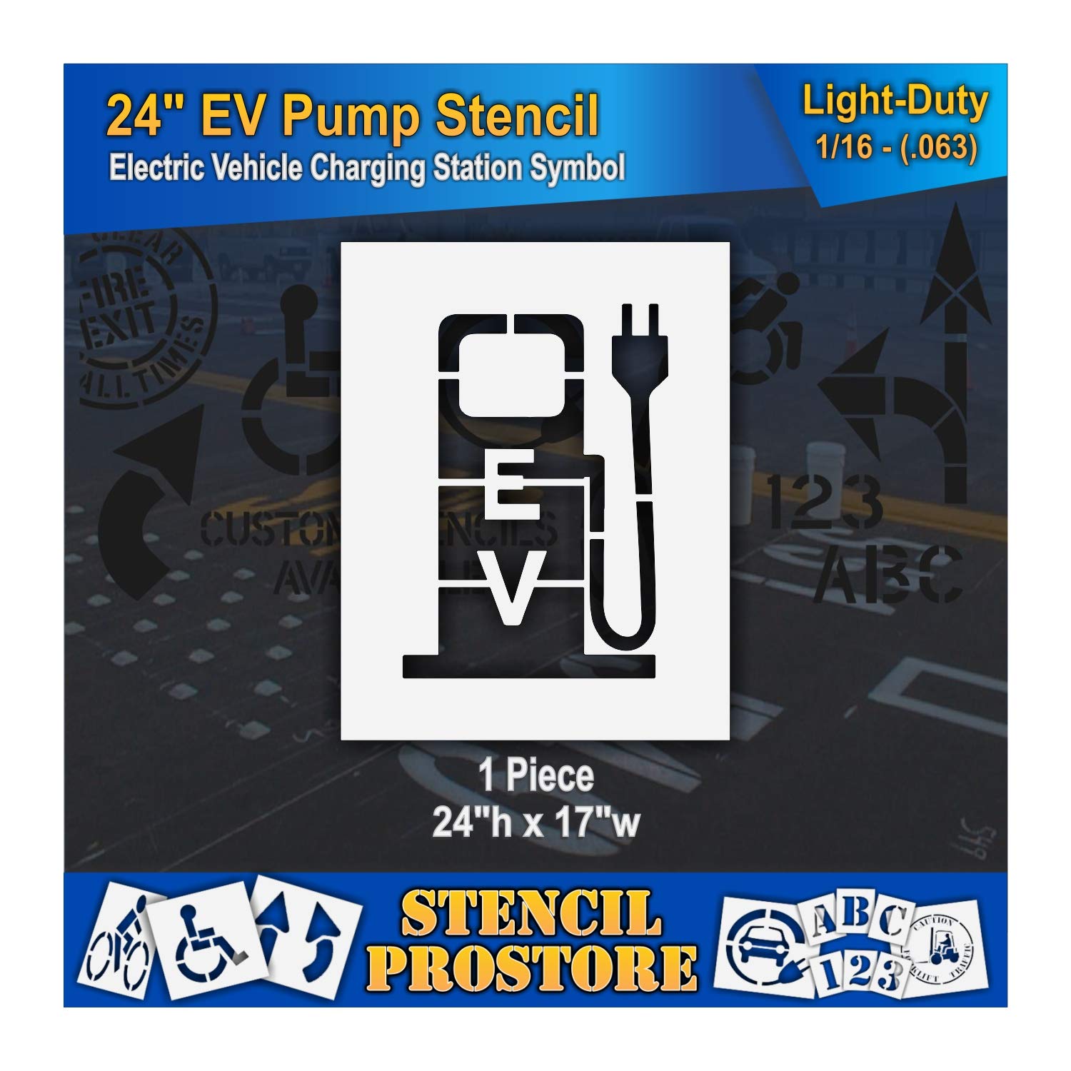 Pavement Stencils - 24 in - Electric Pump Stencil with Plug and EV Letters - 24'' x 17'' x 1/16" (63 mil) - Light-Duty
