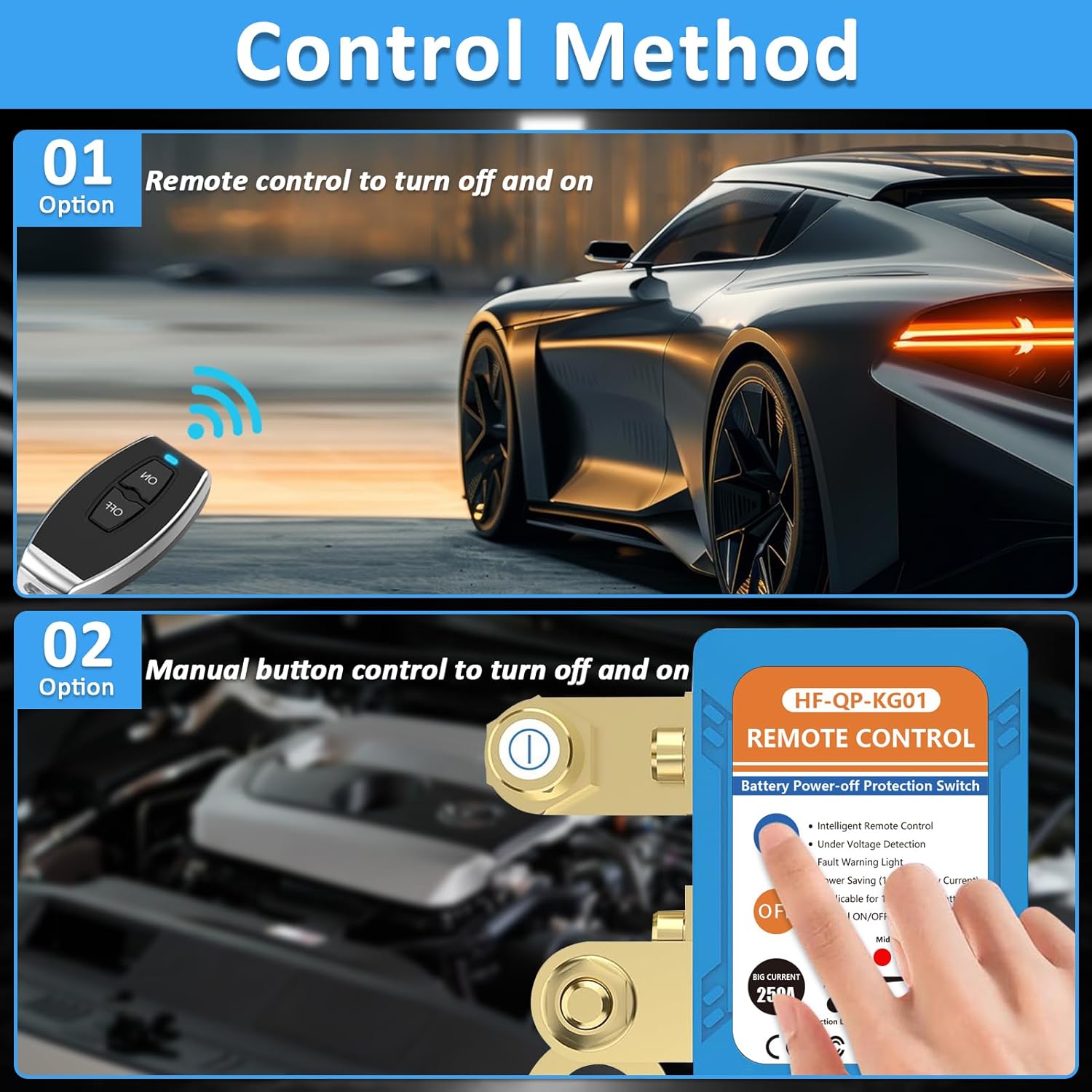 Kill Switch for Car, Remote Battery Disconnect Switch 12V, Car Anti Theft Kill Switch with Remote Control Fobs, Battery Cut Off Switch for Automobile, RV, ATV, Truck, Boat (Flat Installation)