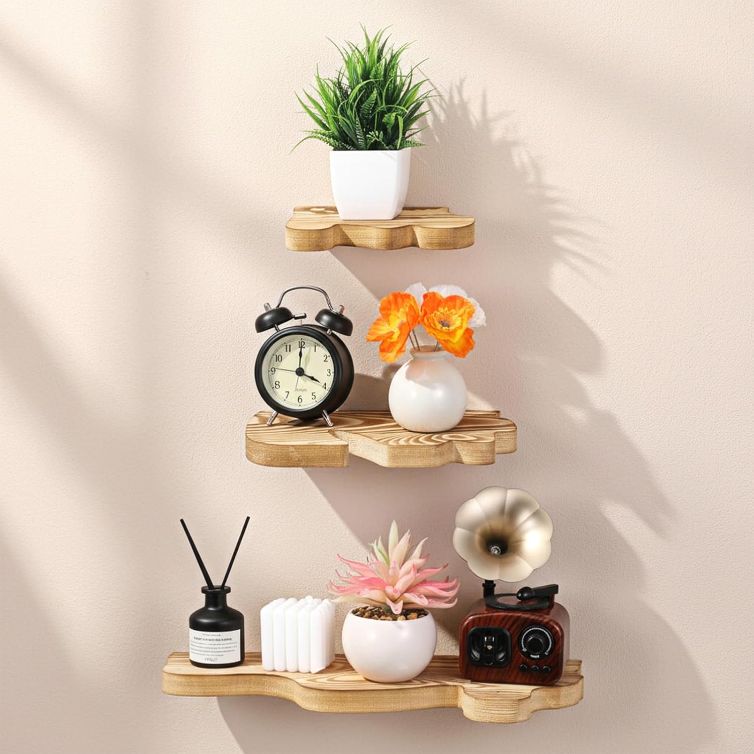 3 Pcs Small Rustic Wave Edge Floating Shelf, 3 Size Brown Wooden Shelf Cloud Farmhouse Vintage Wall Decor with Metal Brackets for Living Room Bedroom Bathroom