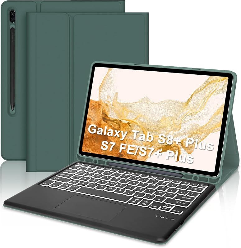 JADEMALL Samsung Galaxy Tab S8+ S7+ 12,4" Billentyűzet Trackpad Tok Sötétzöld