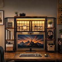 REIBII 5-Tier LED Desk Hutch, Desk Shelf for Dorm Home Office, Rustic Brown