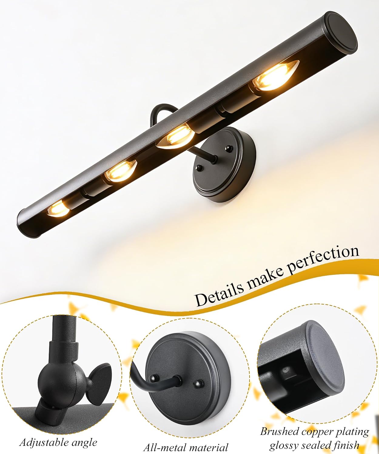 Hardwired Picture Lights for Wall,28 Inch Black Vintage Picture Sconce,E12 Base,330° Rotatable,4-Light Gallery Art Lighting for Paintings,Artwork,Portrait,Vanity & Mirror Accent (Bulb Not Included)