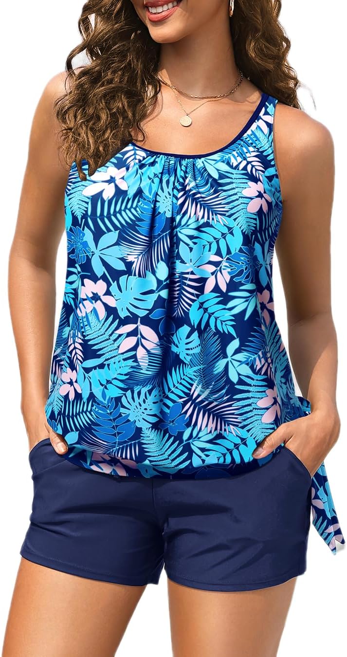 Blouson Tankini Swimsuit with Shorts - Womens Two Piece with Pockets Tummy Control Bathing Suit Modest Swimwear 2025