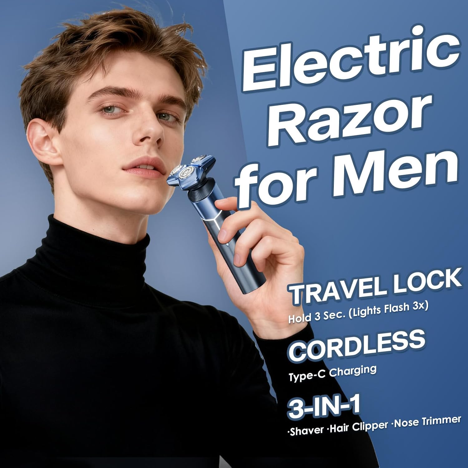 Electric Razor for Men: 3-in-1 Shaver with Hair Clipper and Nose Trimmer - 3D Floating Heads, USB-C Charging, IPX8 Waterproof - for Face, Beard, Body and Travel, Dusty Blue - Image 7