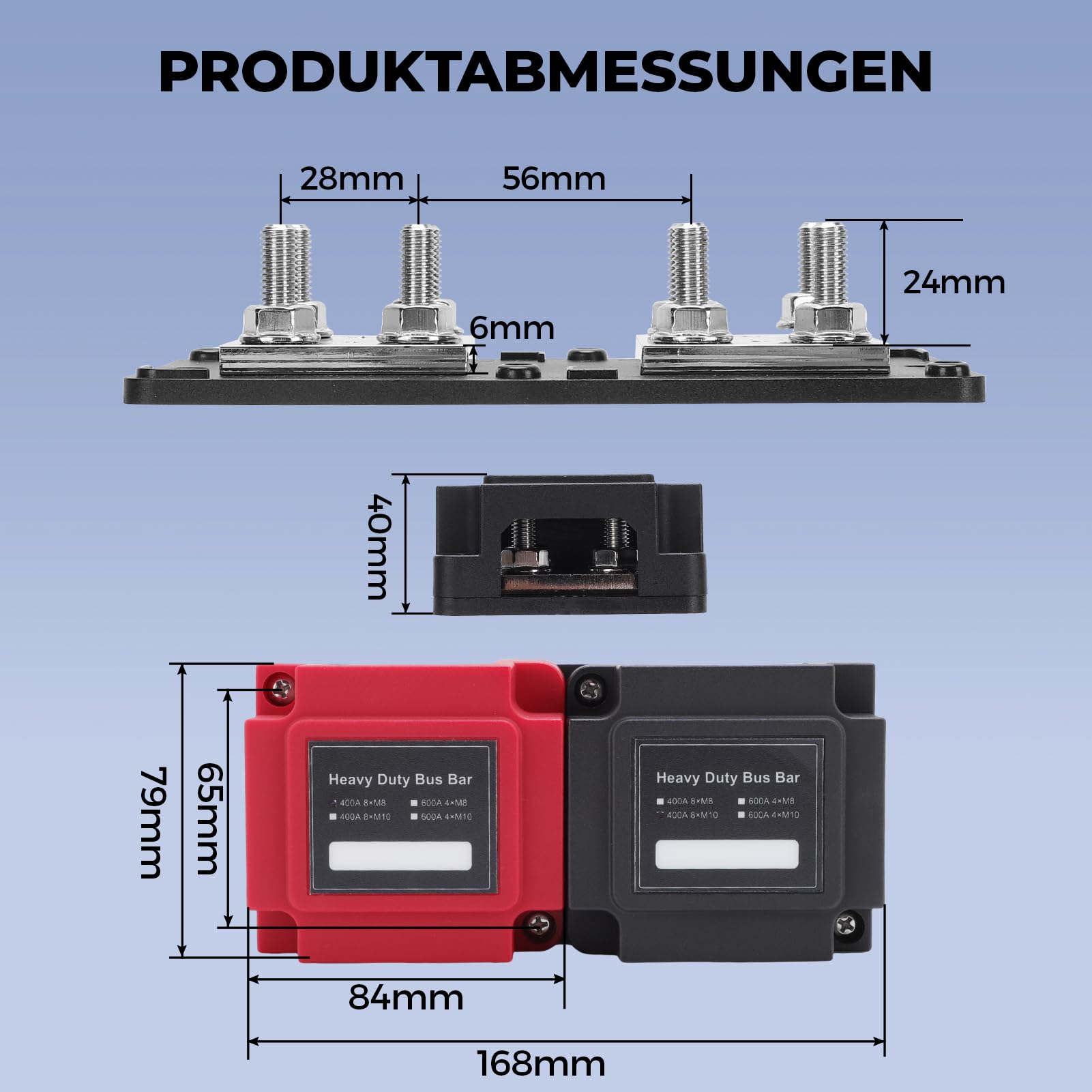 8x M8 Busbar Stromverteiler 12V 24V 48V DC 400A Batterieanschlussblock Hochstrom Verteilerleiste für Auto Wohnmobil Boot LKW Solaranlage Stromversorgung mit Rotem und Schwarzem Deckel