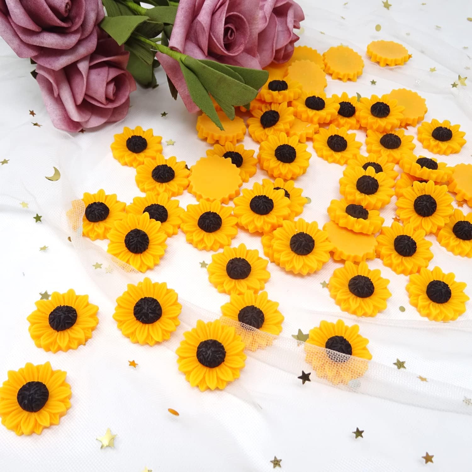 Honbay 60PCS 25mm/1inch Sunflower Slime Beads Flatback Flower Resin Charms for Scrapbooking, Hair Clip, Phone Case, DIY Crafts image 4