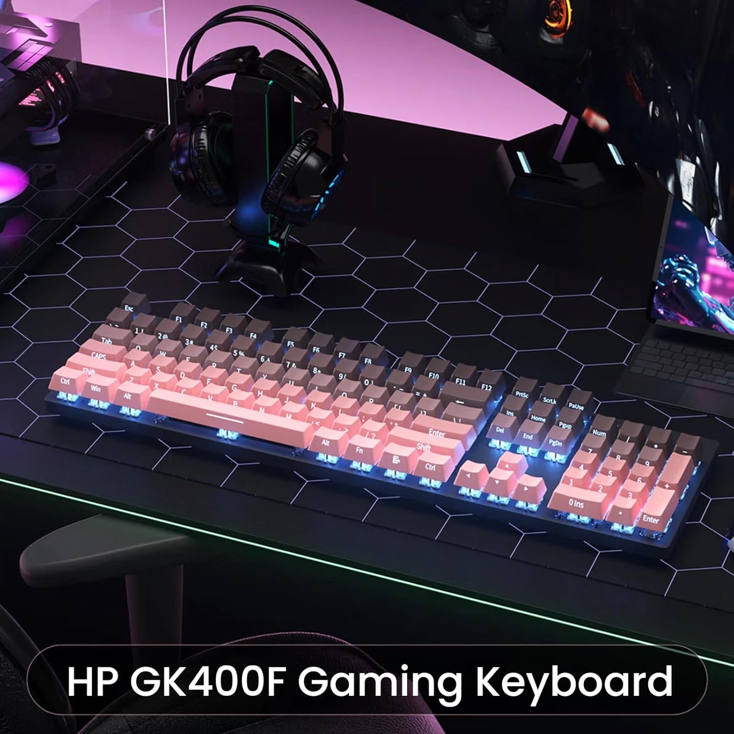 HP GK400F Mechanical Gaming Keyboard, Wired USB, 104 Keys, Tactile Brown Switches, Ice Blue LED Backlit, Anti-Ghosting Full Keys, Ergonomic Metal Panel, Black & Pink Gradient