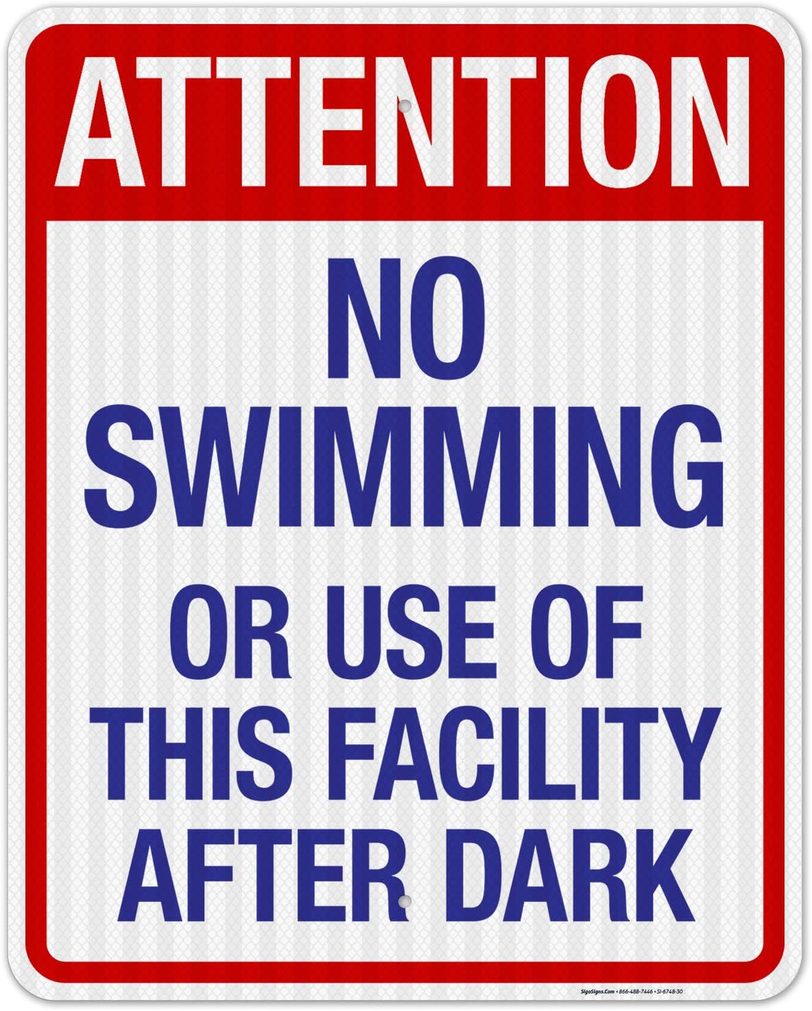 Attention No Swimming Or Use of This Facility After Dark Sign, Pool Sign, 18x24 Inches, 55 mil Thick HDPS (high Density polystyrene), Made in USA
