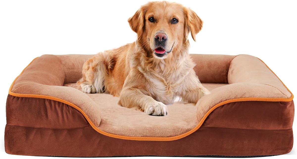 NEWBULIG Cama ortopédica para perros de 35 x 25 pulgadas para uso en interiores, superficie suave | Sofá para mascotas de tamaño extra grande con funda lavable a máquina, sofá antideslizante para gatos de interior, marrón