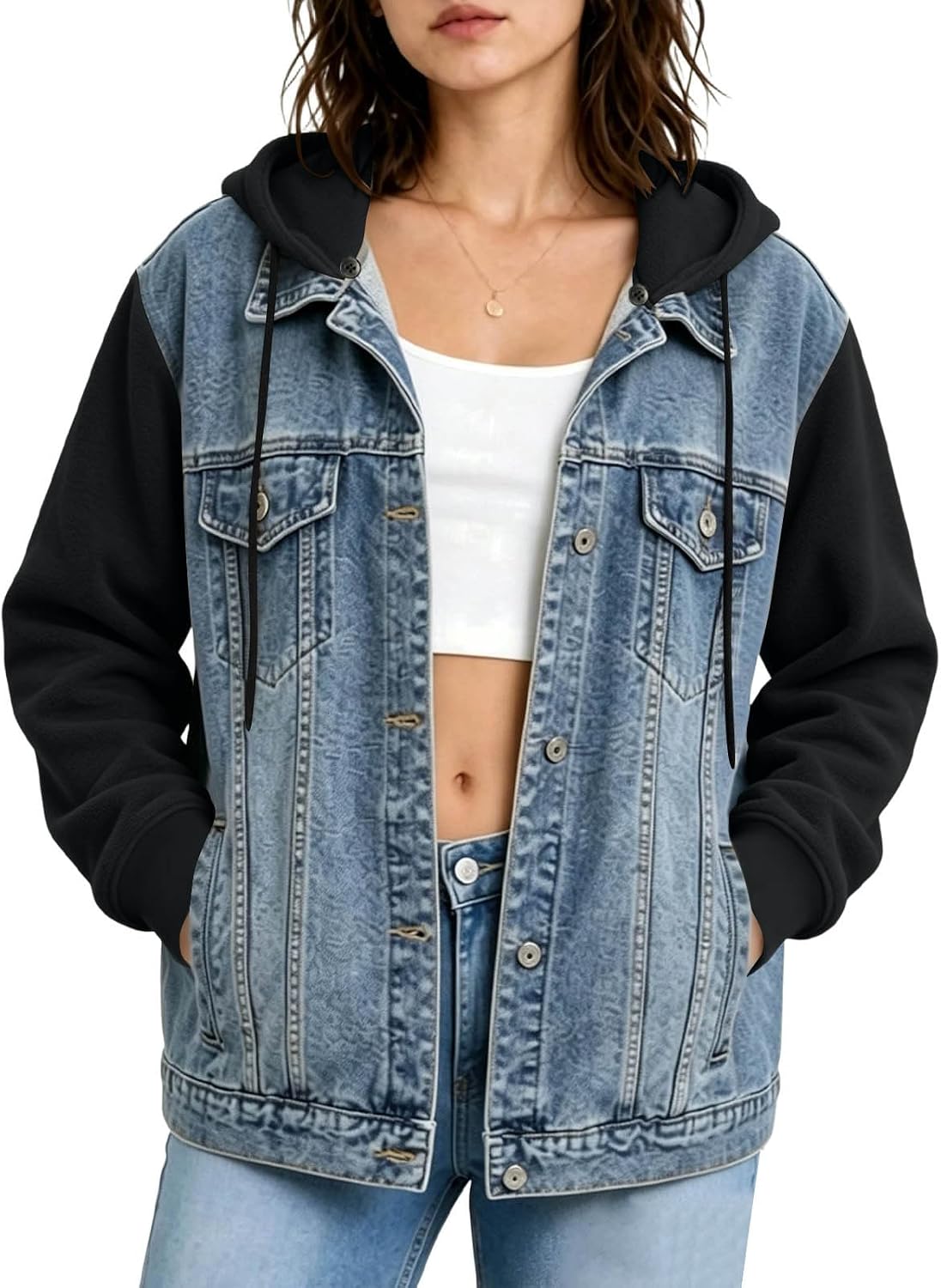 Jean Jacket Women with Hood Layered Washed Long Sleeve Hoodie Denim Jackets