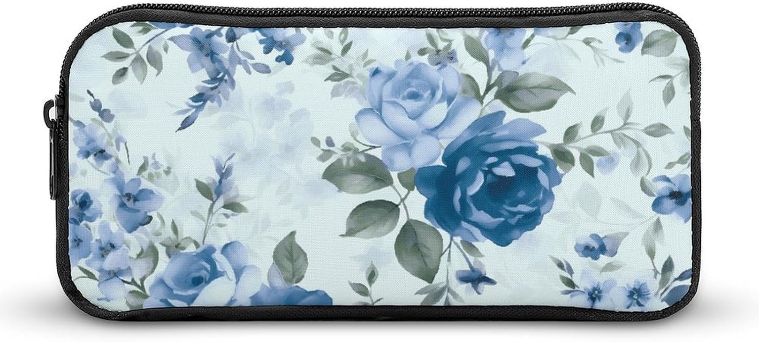 Blue Flower Roses Pencil Case Large Capacity Pencil Pouch