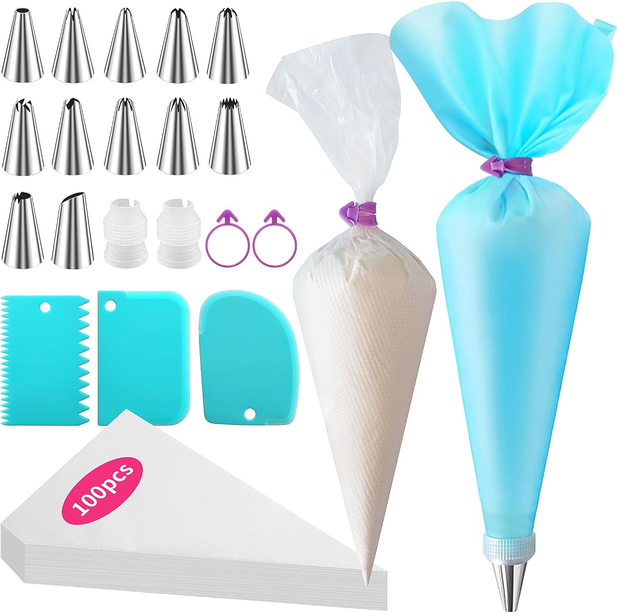 Piping Bags and Tips Set -Ultimate Cake Decorating Supplies Kit - Included 100 Disposable Pastry Bags, 1 Reusable Silicone Bag, 2 Couplers, 12 Frosting Tips, 2 Ties, 3 Icing Scrapers for Baking