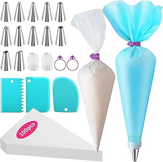 ALLTOP Piping Bags and Tips Set -Ultimate Cake Decorating Supplies Kit - Included 100 Disposable Pastry Bags, 1 Reusable Silicone Bag, 2 Couplers, 12 Frosting Tips, 2 Ties, 3 Icing Scrapers for Baking