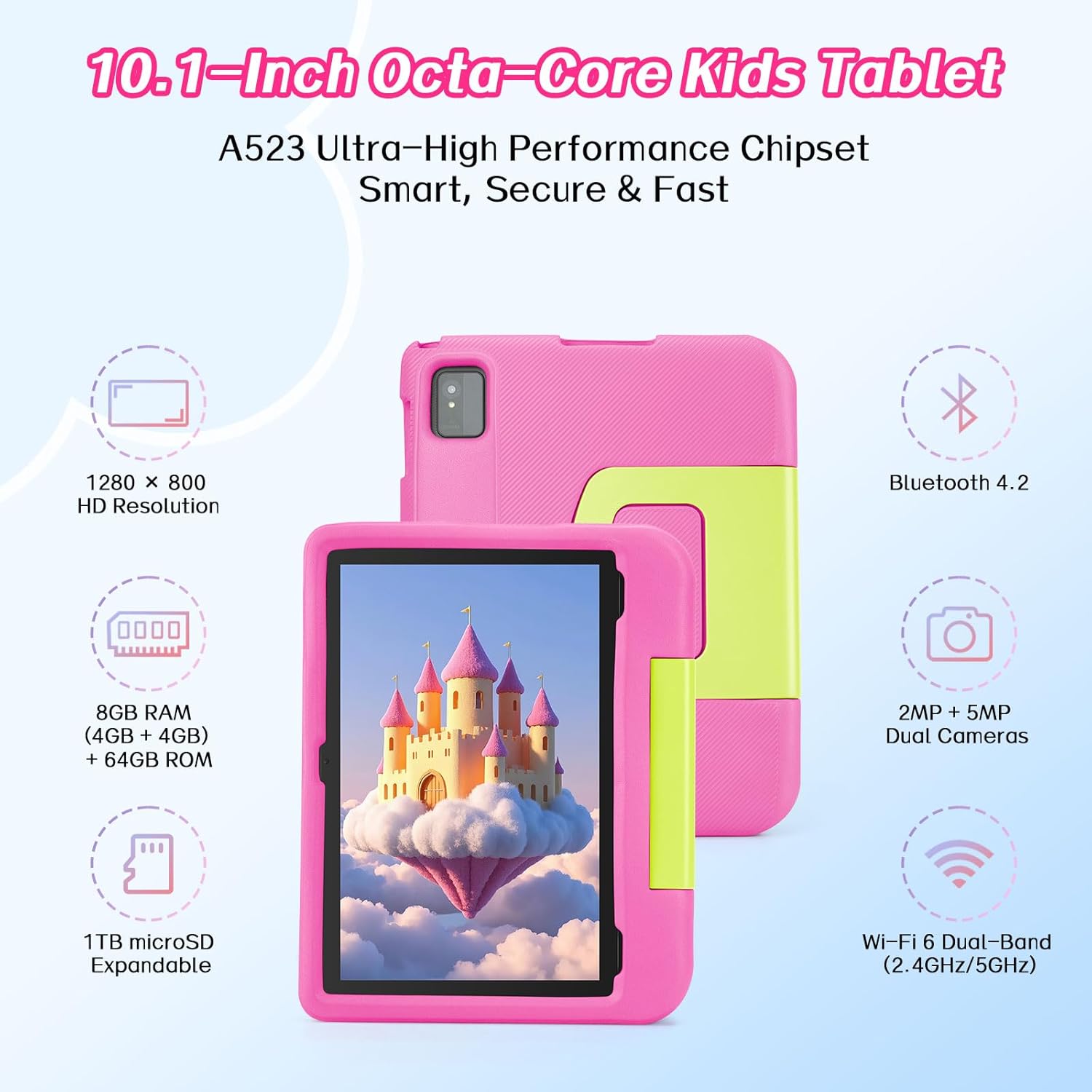 10.1 inch Tablet for Kids - Kids Tablet with Pink EVA Case, Android 14, A523 Octa-Core CPU, 8GB+64GB, Wi-Fi 6 (2.4GHz & 5GHz), Dual Camera, GMS, Parental Control