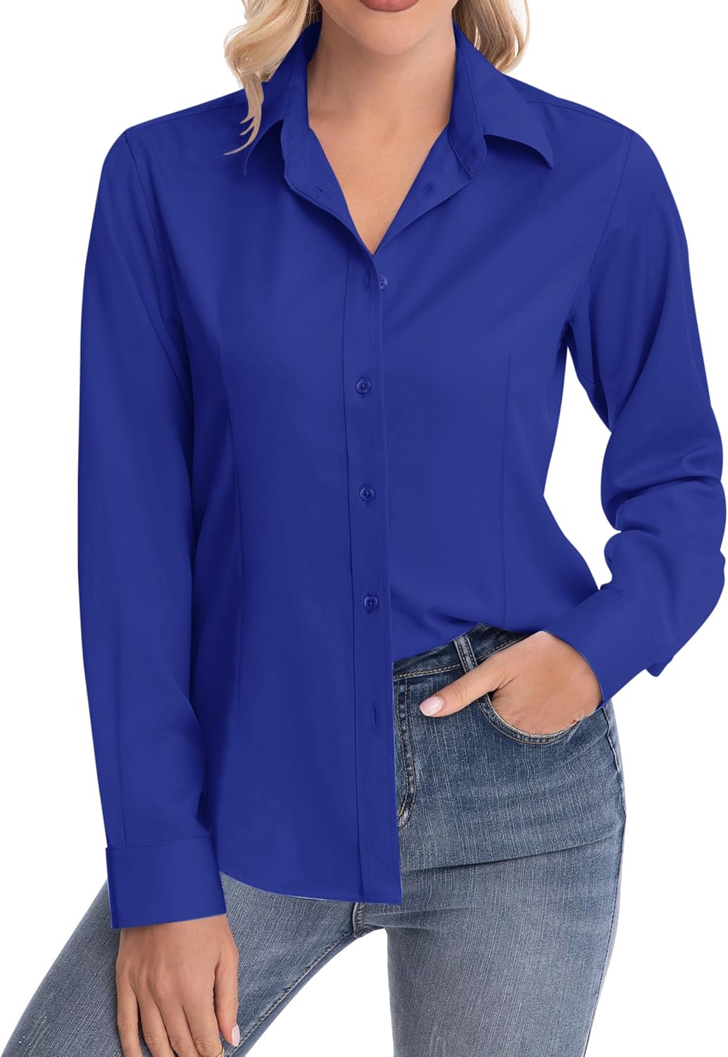 siliteelon Womens Classic-Fit Dress Shirts Long Sleeve Button Down Wrinkle-Free Stretch Solid Casual Work Office Blouse Top - Image 2