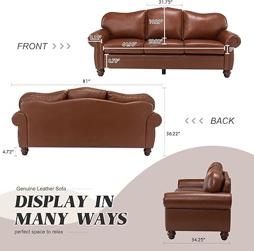 Miniatura 2 de HULALA Home Sofá tapizado de cuero de 81 pulgadas con ribete de cabeza de clavos y reposabrazos enrollados, moderno de mediados de siglo, sofá de 3