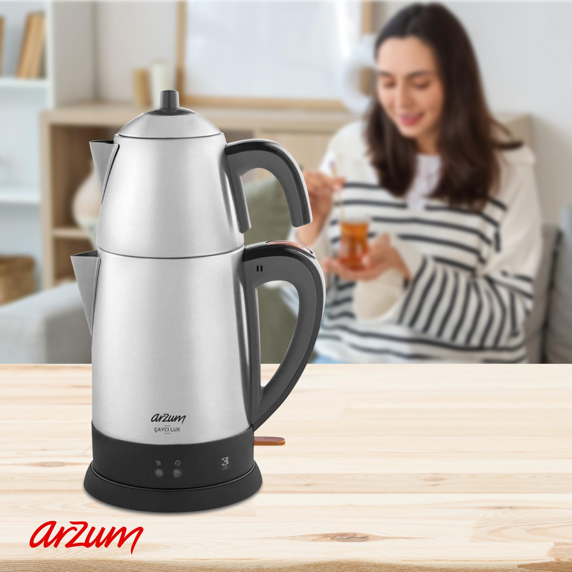 ARZUM Cayci Lux Inox Teebereiter, türkische Teekanne, Edelstahl, 0,7 l Topfkapazität, 1,8 l Warmwasserbereiterkapazität – 2100 W