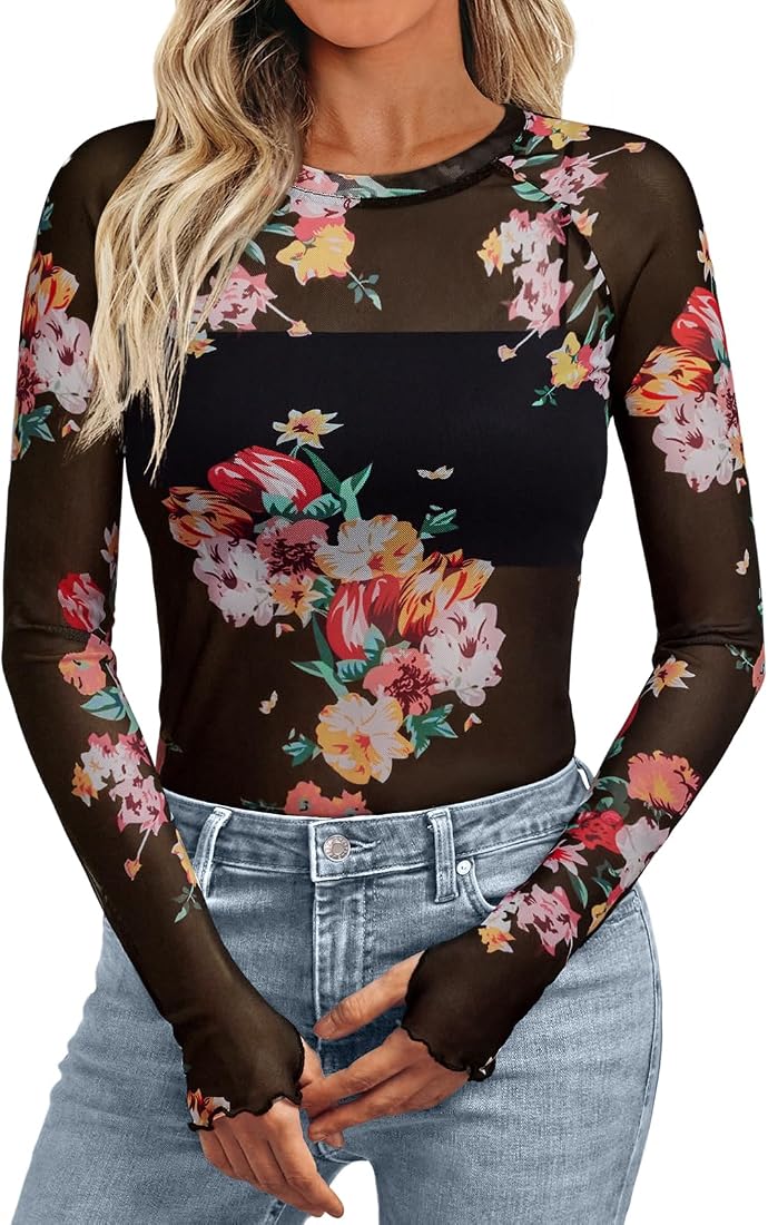 トップス rurumu: 22ss Center of thetemple sheerBL Dealmore Womens Sheer Mesh Lace See Through Tops, Black Floral